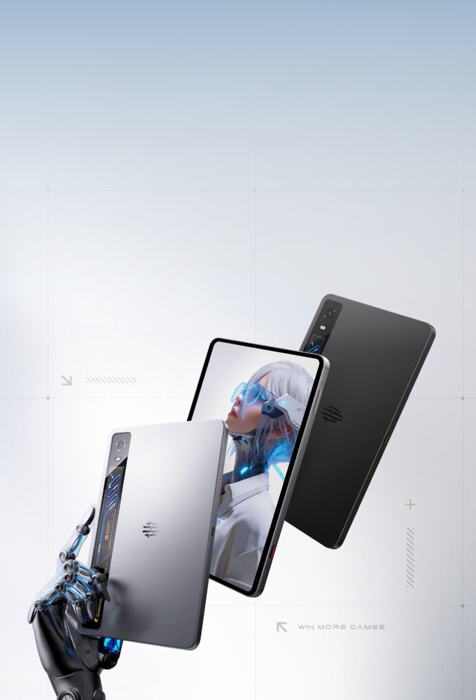Silver and black REDMAGIC Astra 2 tablets with a screen-on unit, one held by a robotic hand
