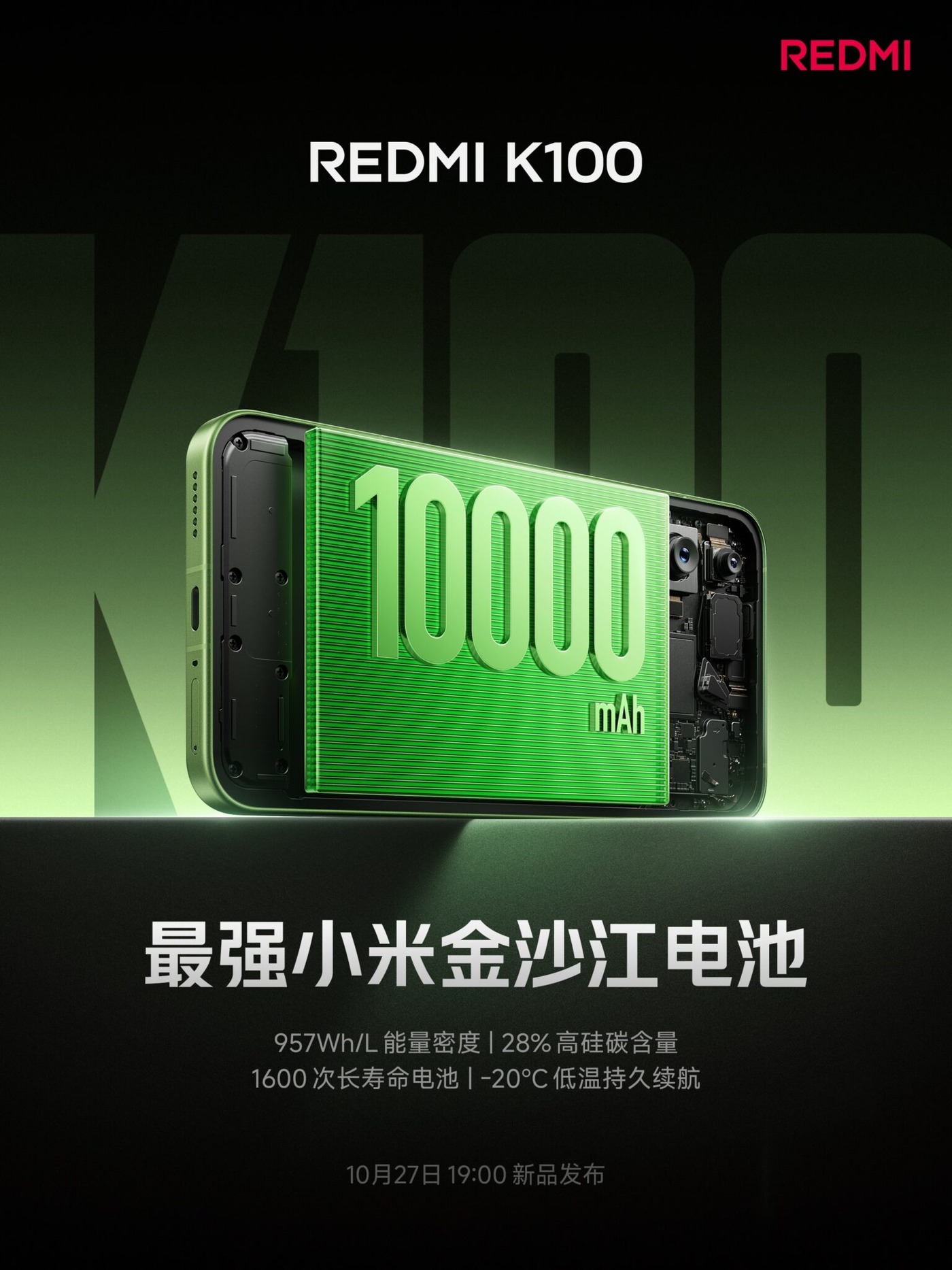 Redmi’s teaser for the K100’s 10,000mAh Jinshajiang battery, with the Oct. 27, 19:00 launch time