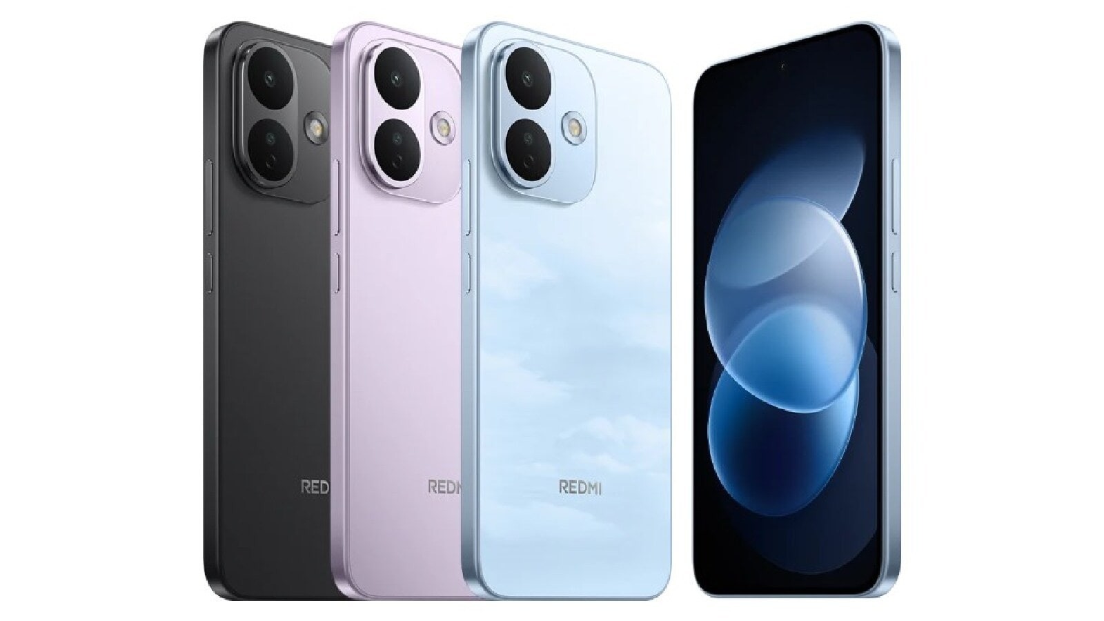 Redmi Note 17 series phones in black, purple, and blue finishes beside a front view of the display