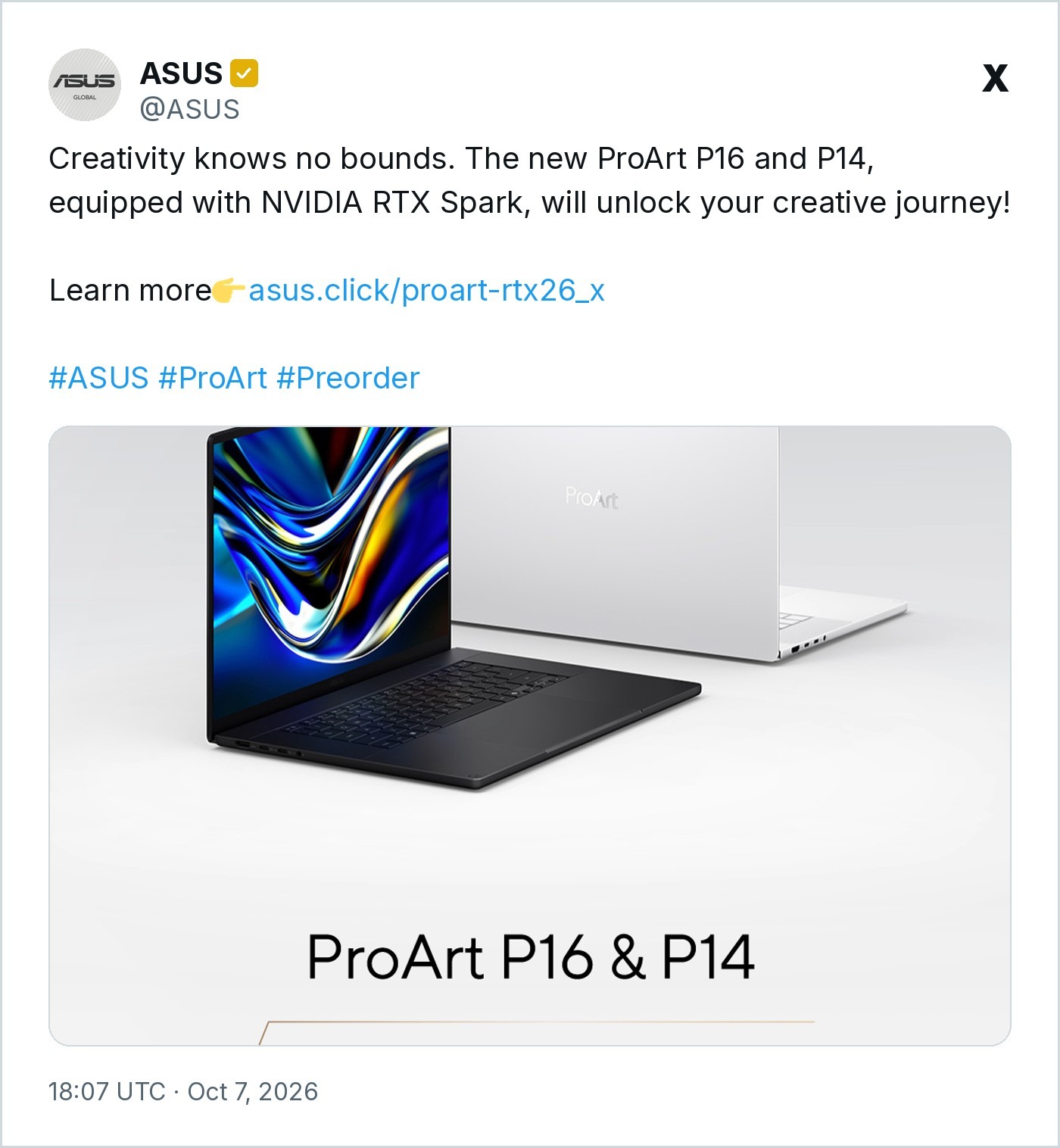 Screenshot: @ASUS on X, Oct. 7, 2026