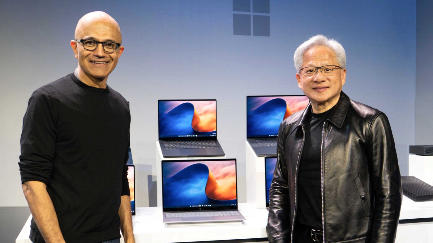 Satya Nadella, left, and Jensen Huang at Microsoft’s event in San Francisco on Wednesday