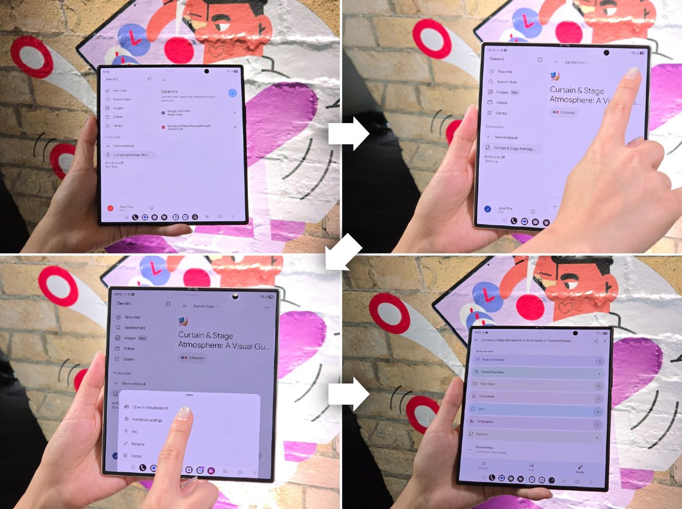 Four-step demo of Gemini NotebookLM on an unfolded Galaxy Z Fold 8