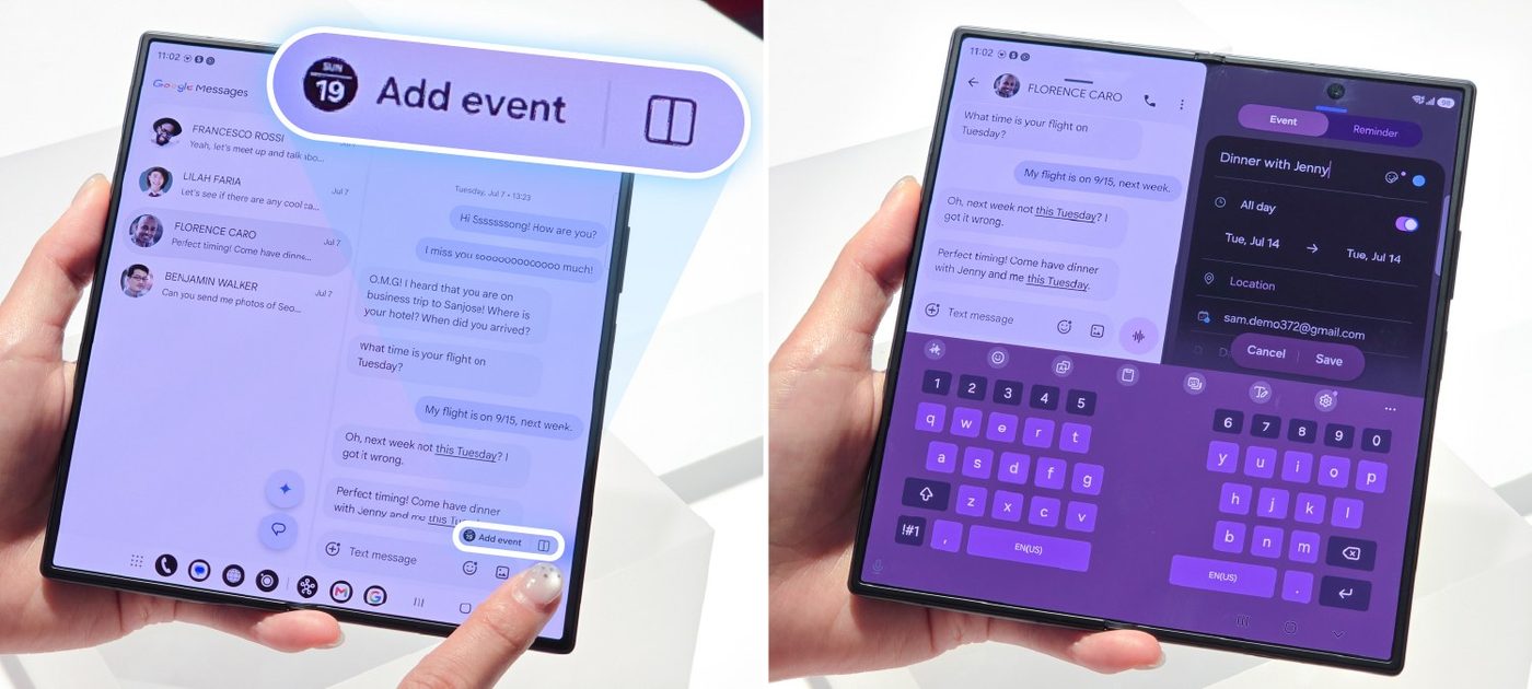 Add event prompt in Google Messages on Galaxy Z Fold 8, then a split calendar card