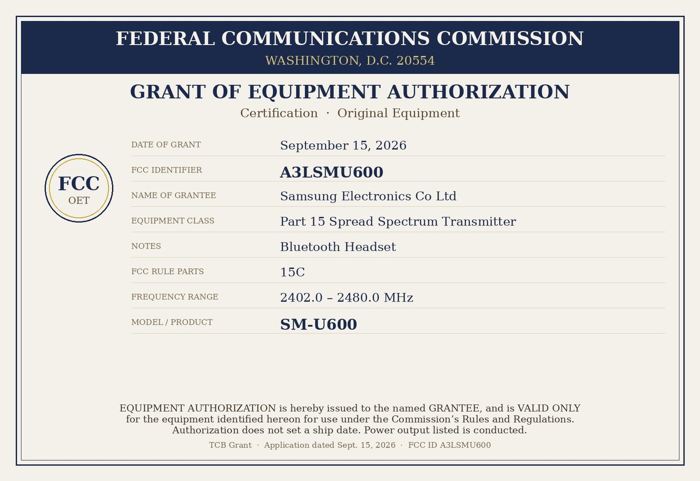 FCC equipment authorization grant for Samsung SM-U600 under FCC ID A3LSMU600