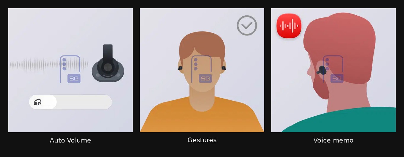 Galaxy Buds Manager screens listing Auto Volume, gestures, and voice memo