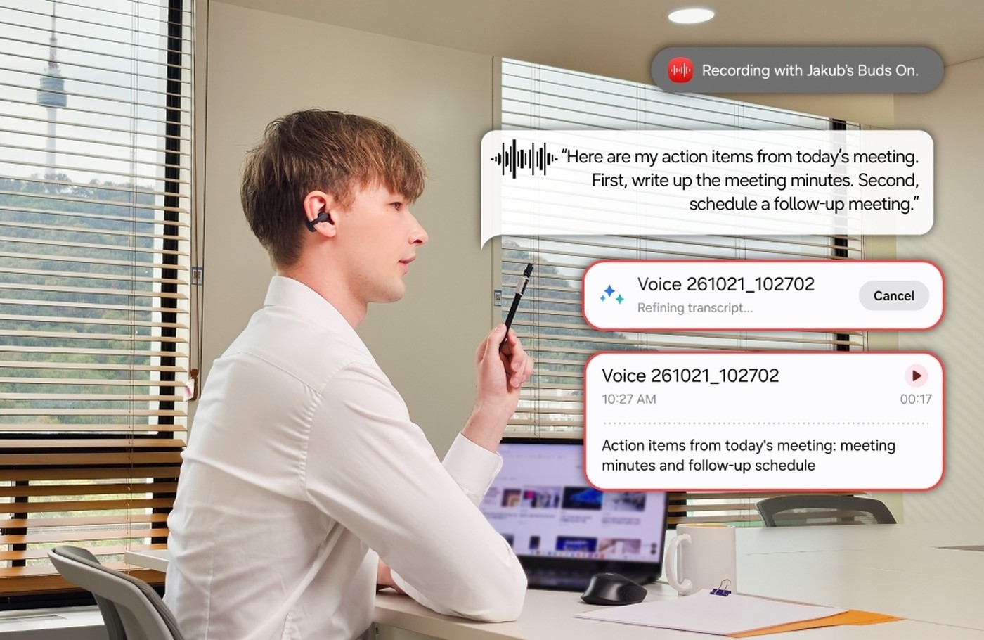 Recording a Quick Voice Memo during a meeting with Galaxy Buds On.