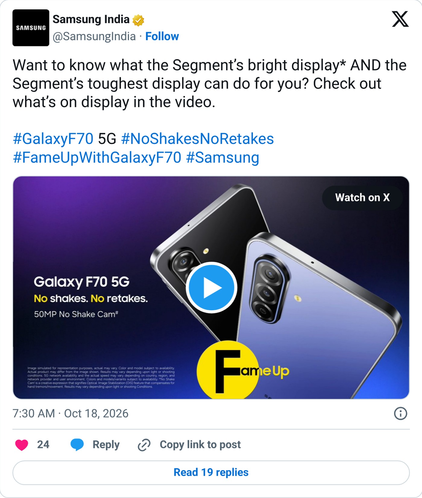 SamsungIndia on X promoting the Galaxy F70 5G display on launch day