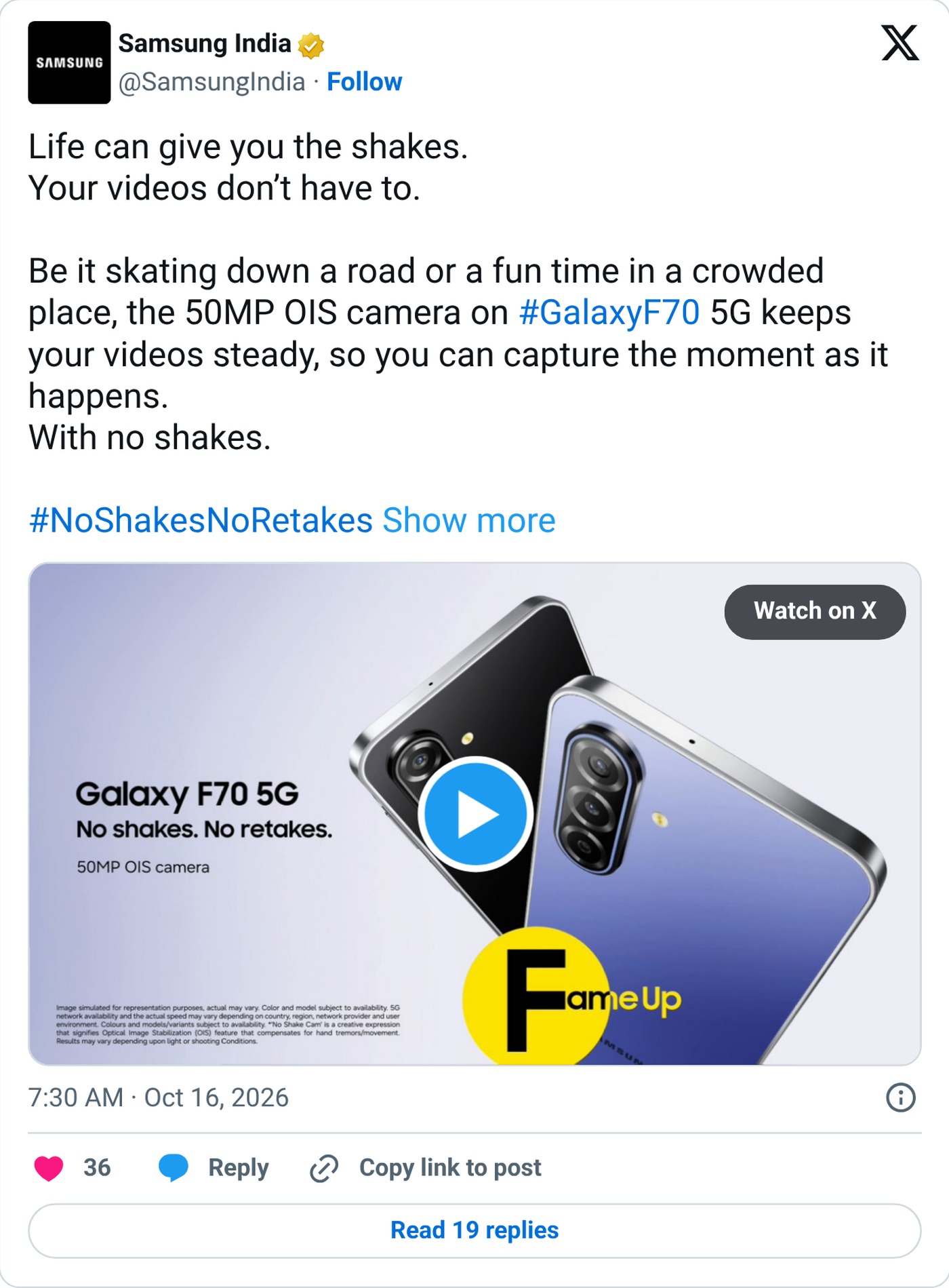SamsungIndia on X showing the No Shake Cam ahead of launch