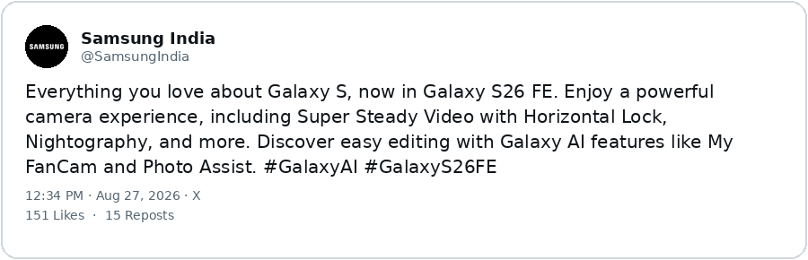 Samsung India X post introducing Galaxy S26 FE camera and Galaxy AI features
