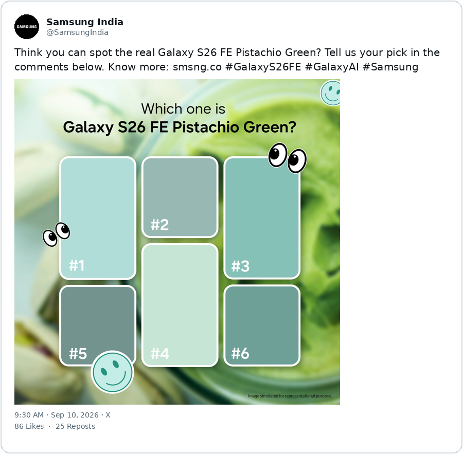 Samsung India X post asking fans to spot the real Galaxy S26 FE Pistachio Green