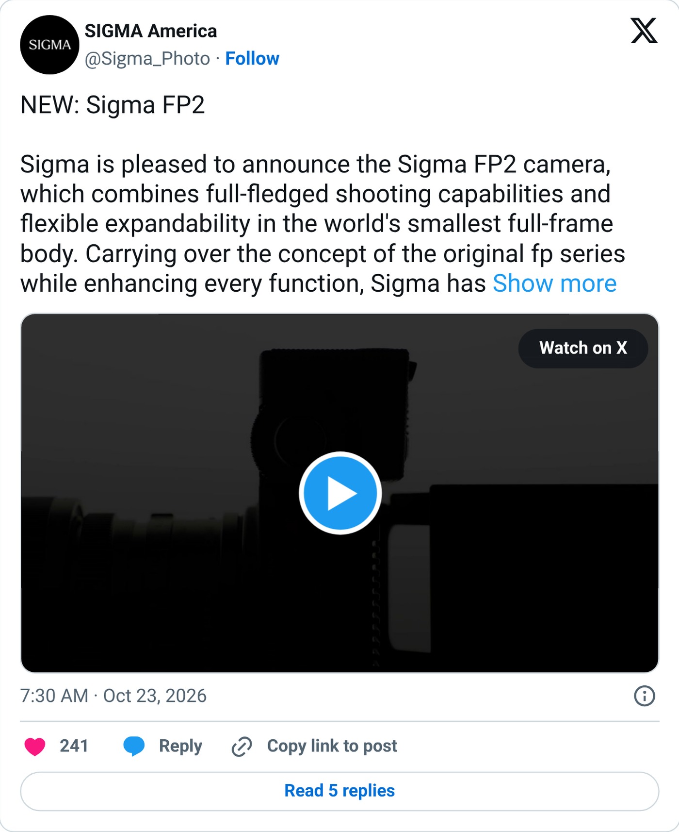 Sigma America’s announcement of the FP2 on X.