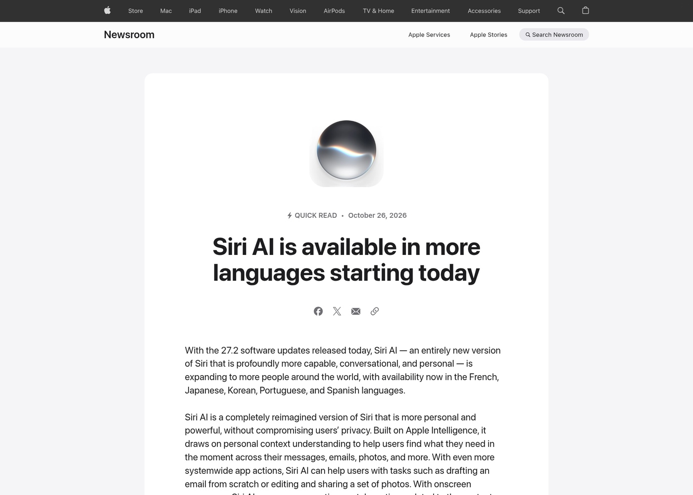 Apple’s Newsroom announcement of the Siri AI language expansion.