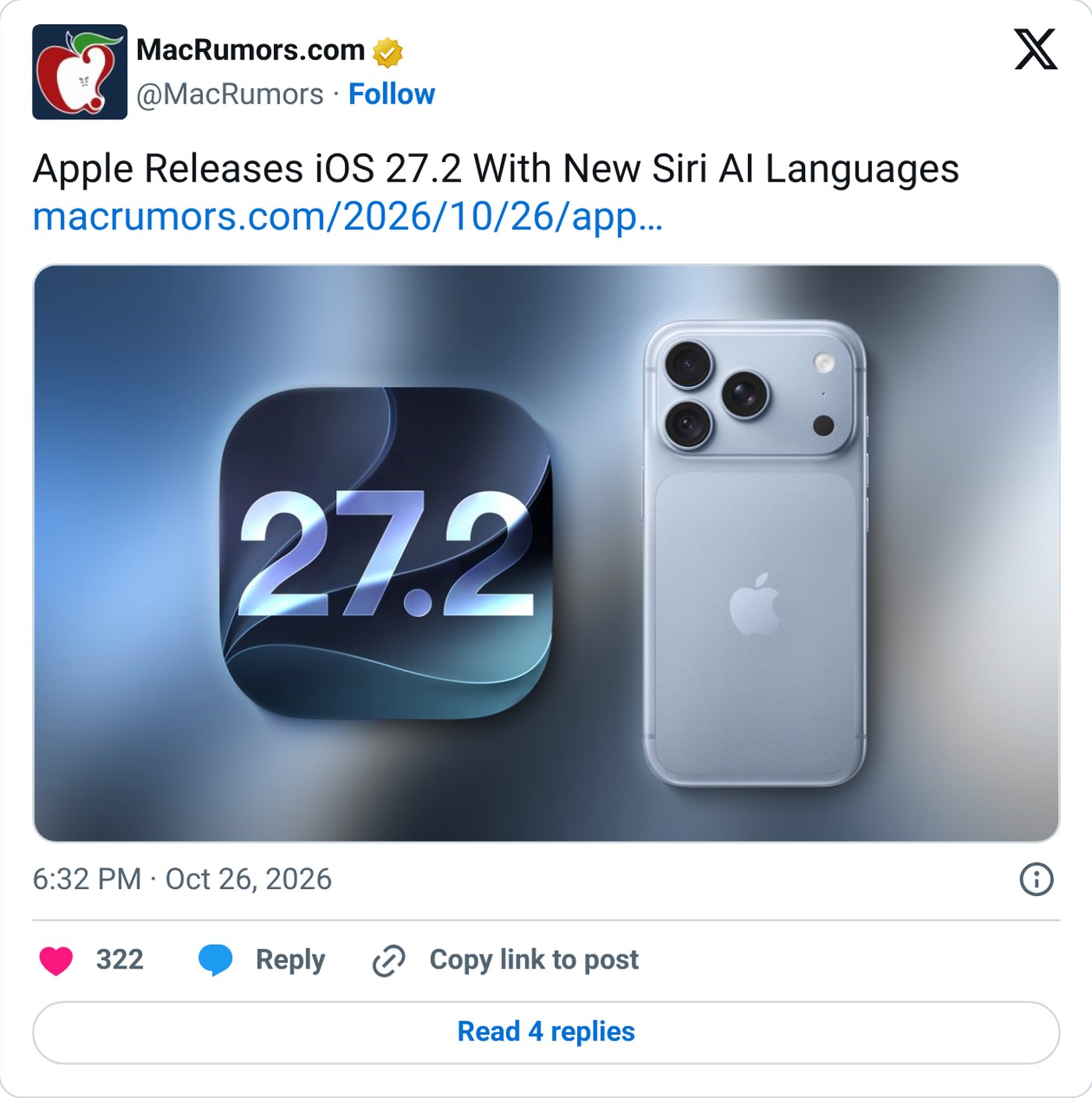 Screenshot: @MacRumors on X, Oct. 26, 2026