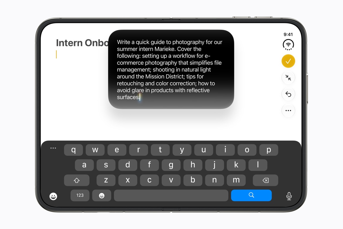 Siri AI helps rewrite a draft on iPhone Duo.