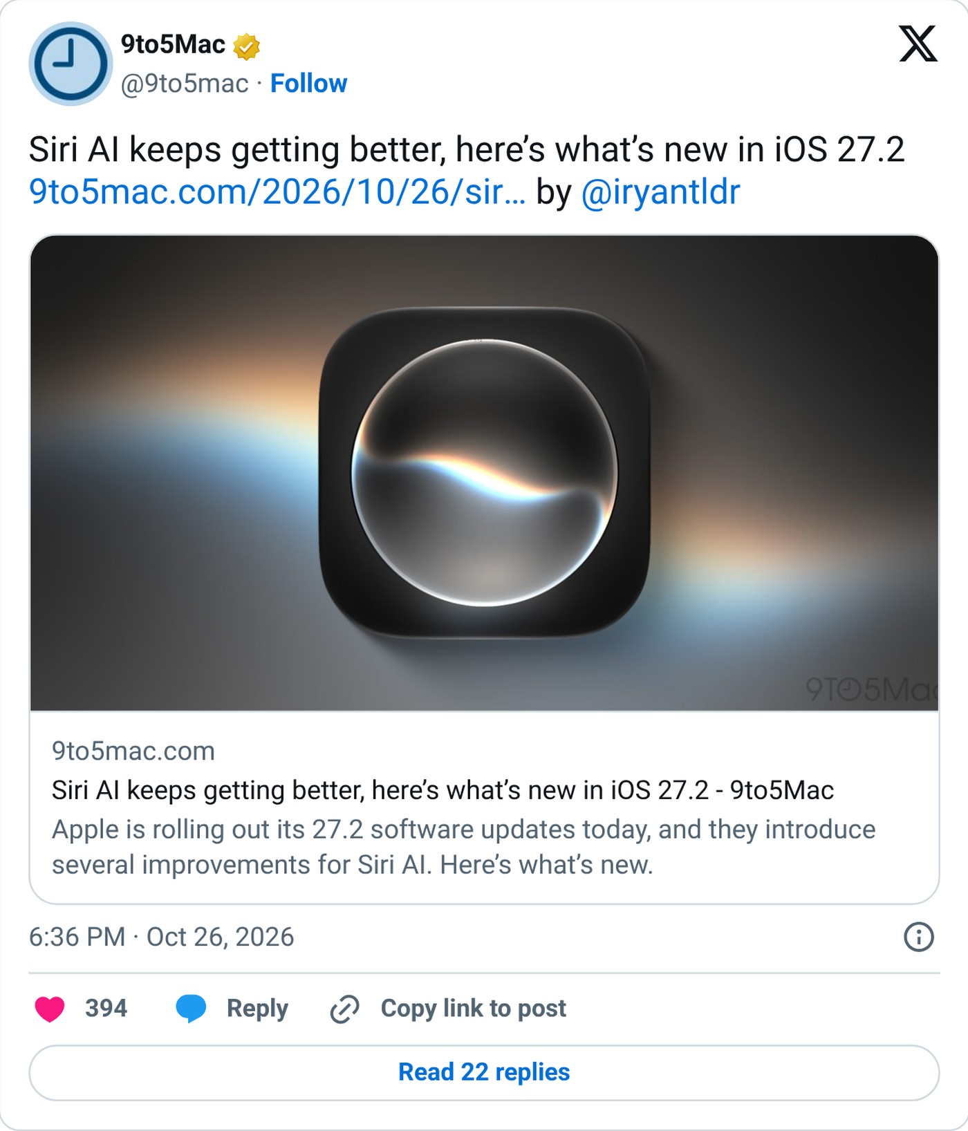Screenshot: @9to5mac on X, Oct. 26, 2026