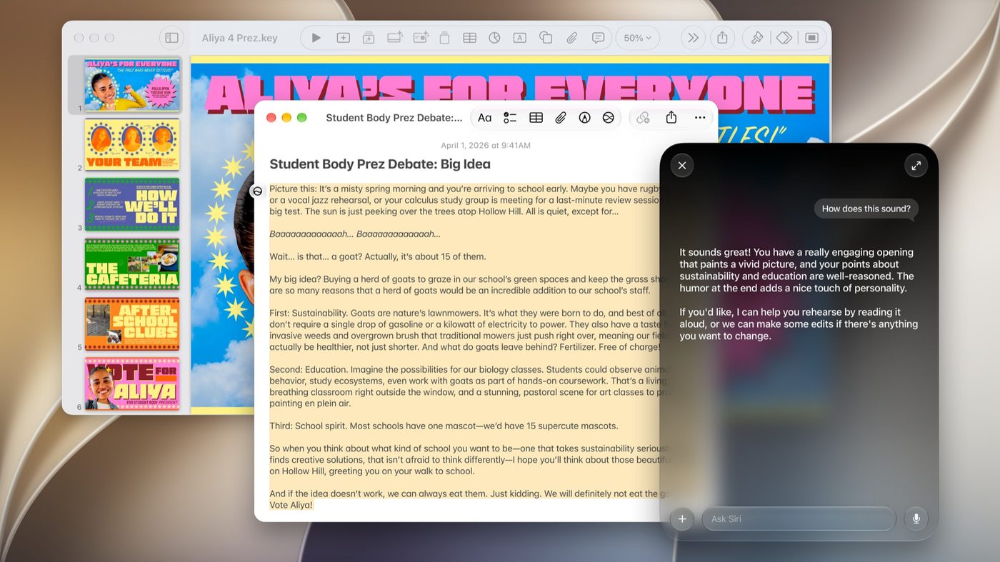 Siri AI helping a student revise a speech next to a Keynote deck