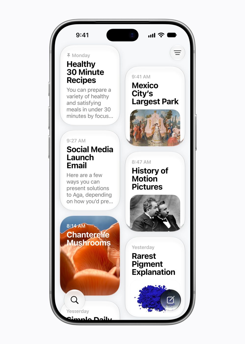 An iPhone showing Apple Intelligence cards for recipes, parks, and notes