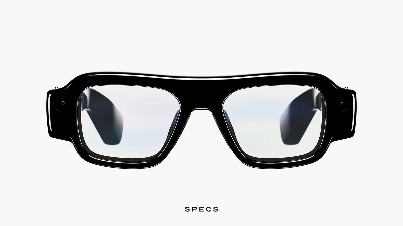 Black Snap Specs augmented reality glasses, front view, on a white backdrop