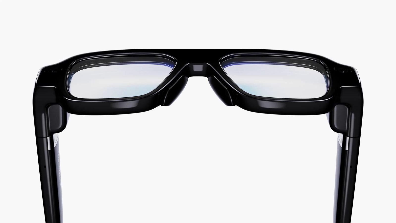 Snap Specs glasses viewed from above, showing dual waveguide lenses and thick black temples