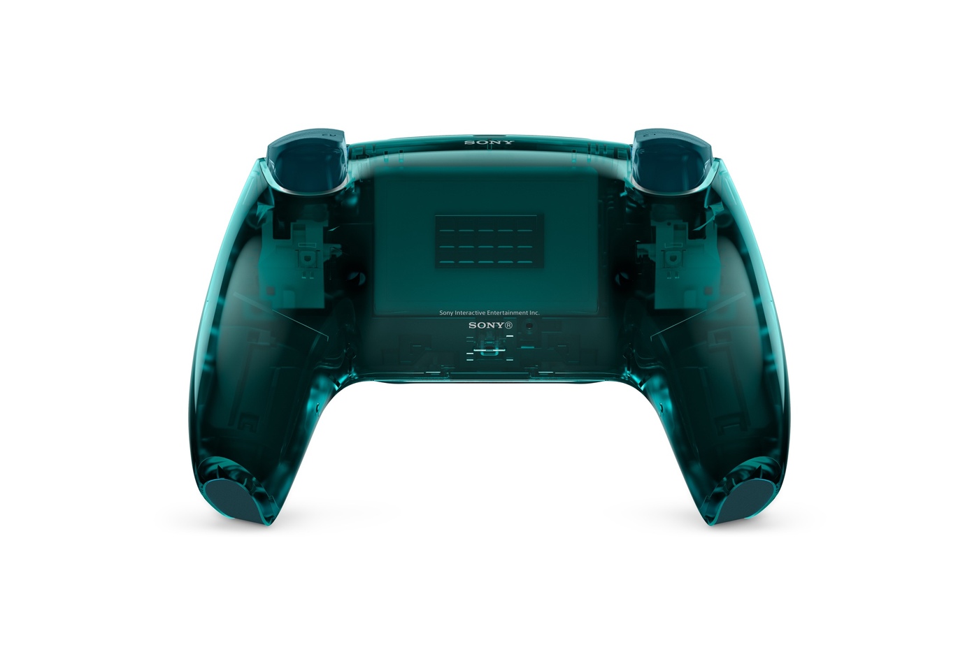 The clear back of the Emerald Green controller shows the hardware inside.