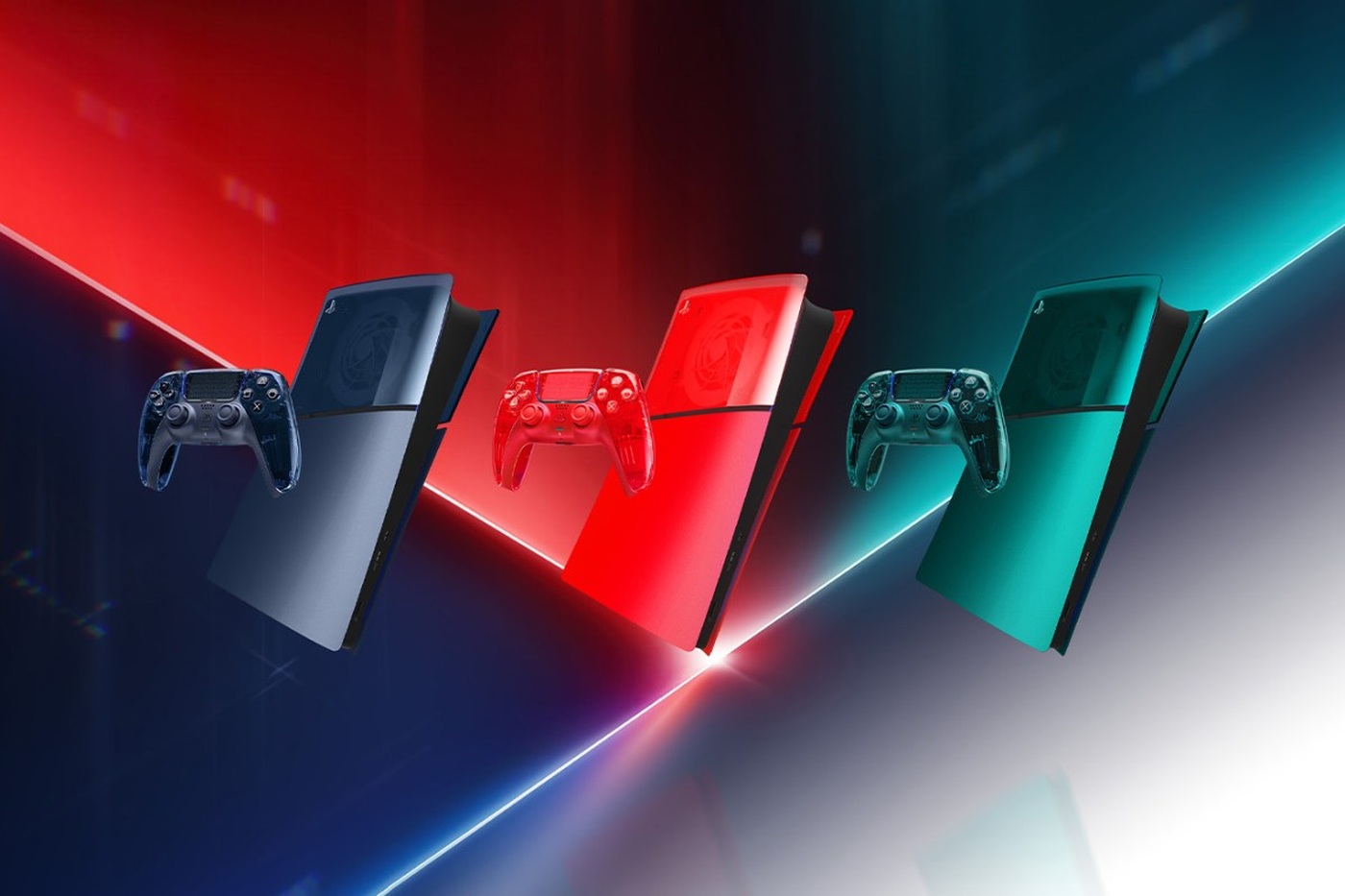 The full Prism Collection, with controllers and PS5 console covers in all three colors.