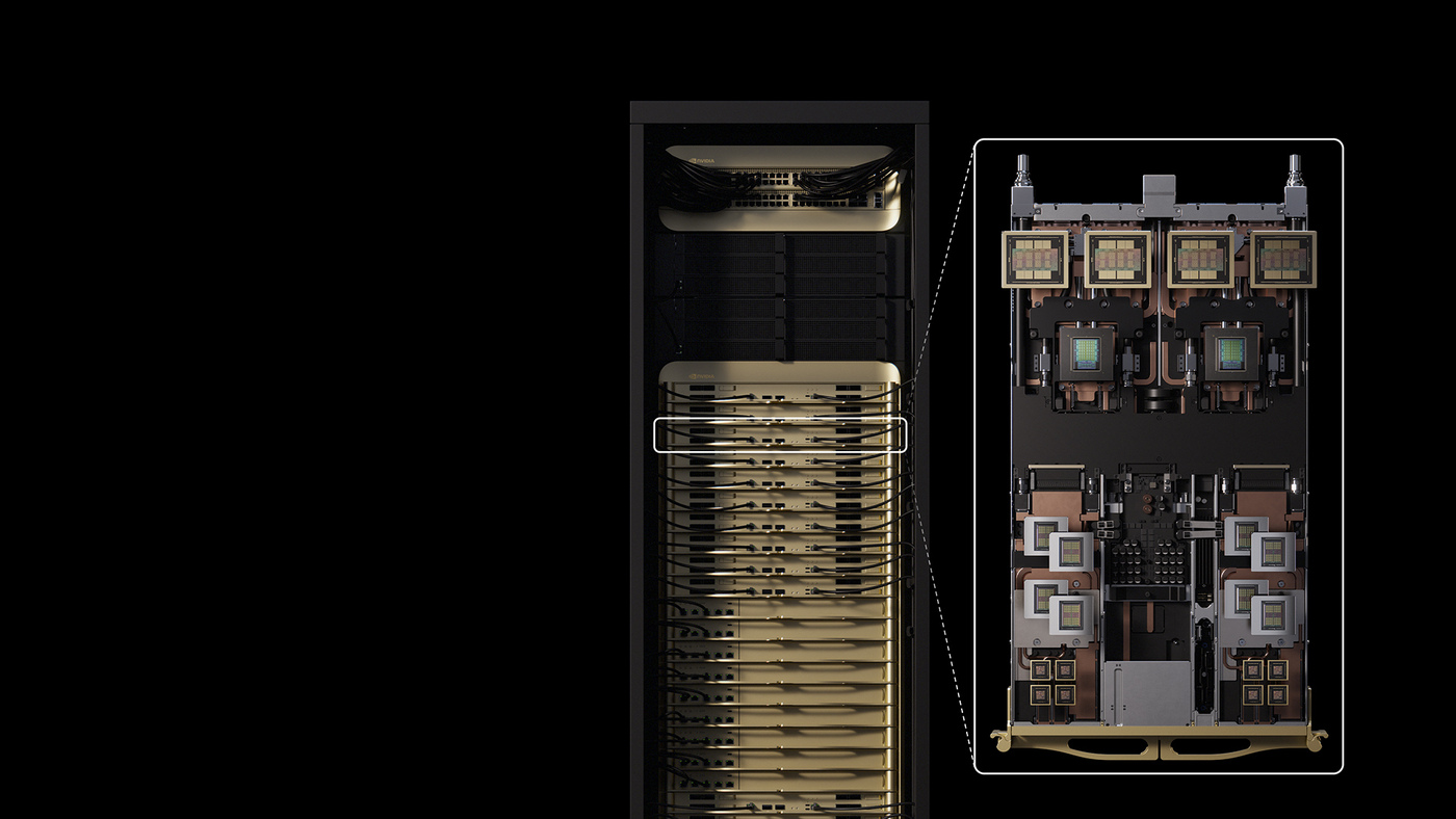 An Nvidia Vera Rubin rack with a compute tray.