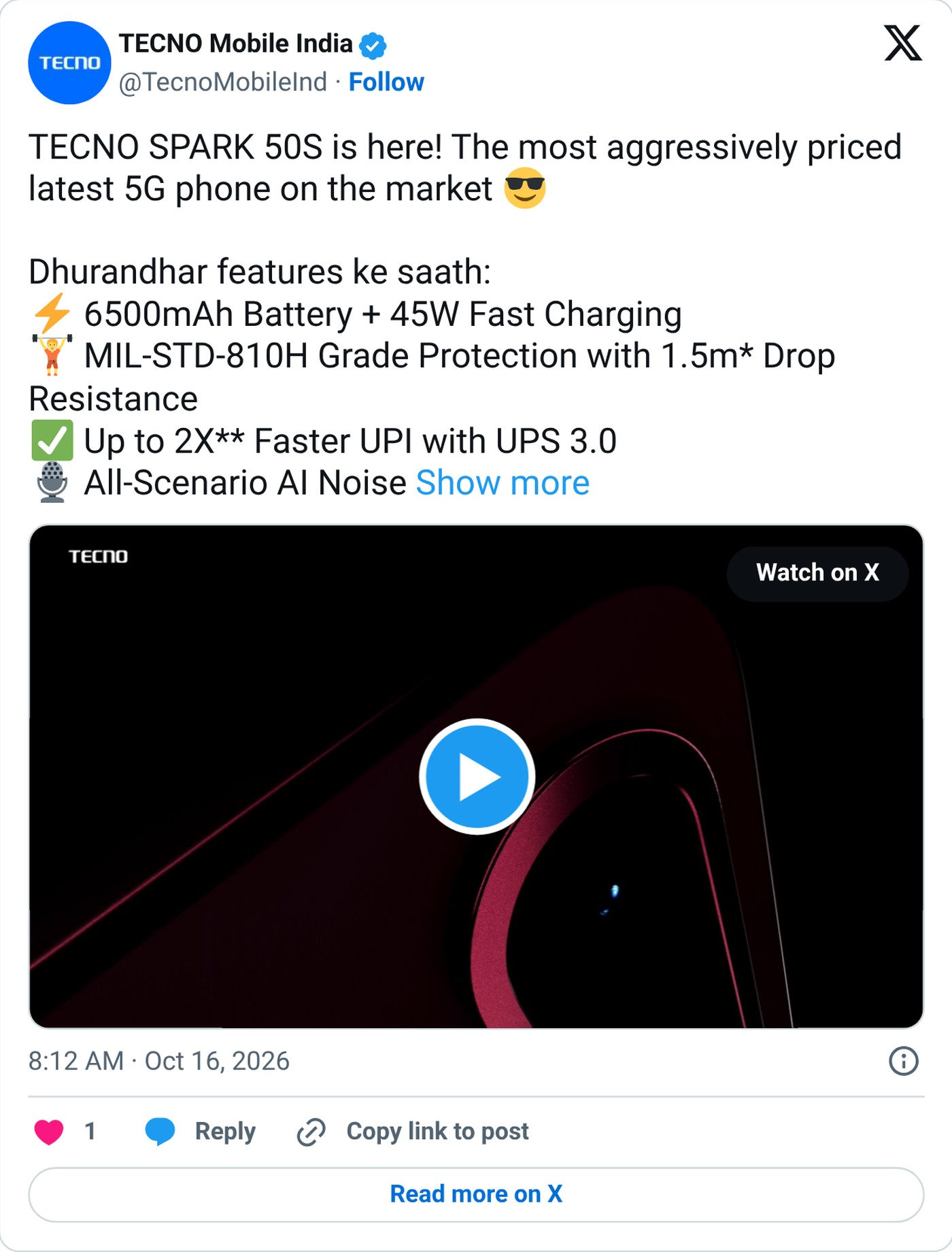 TecnoMobileInd on X announcing the Spark 50S launch
