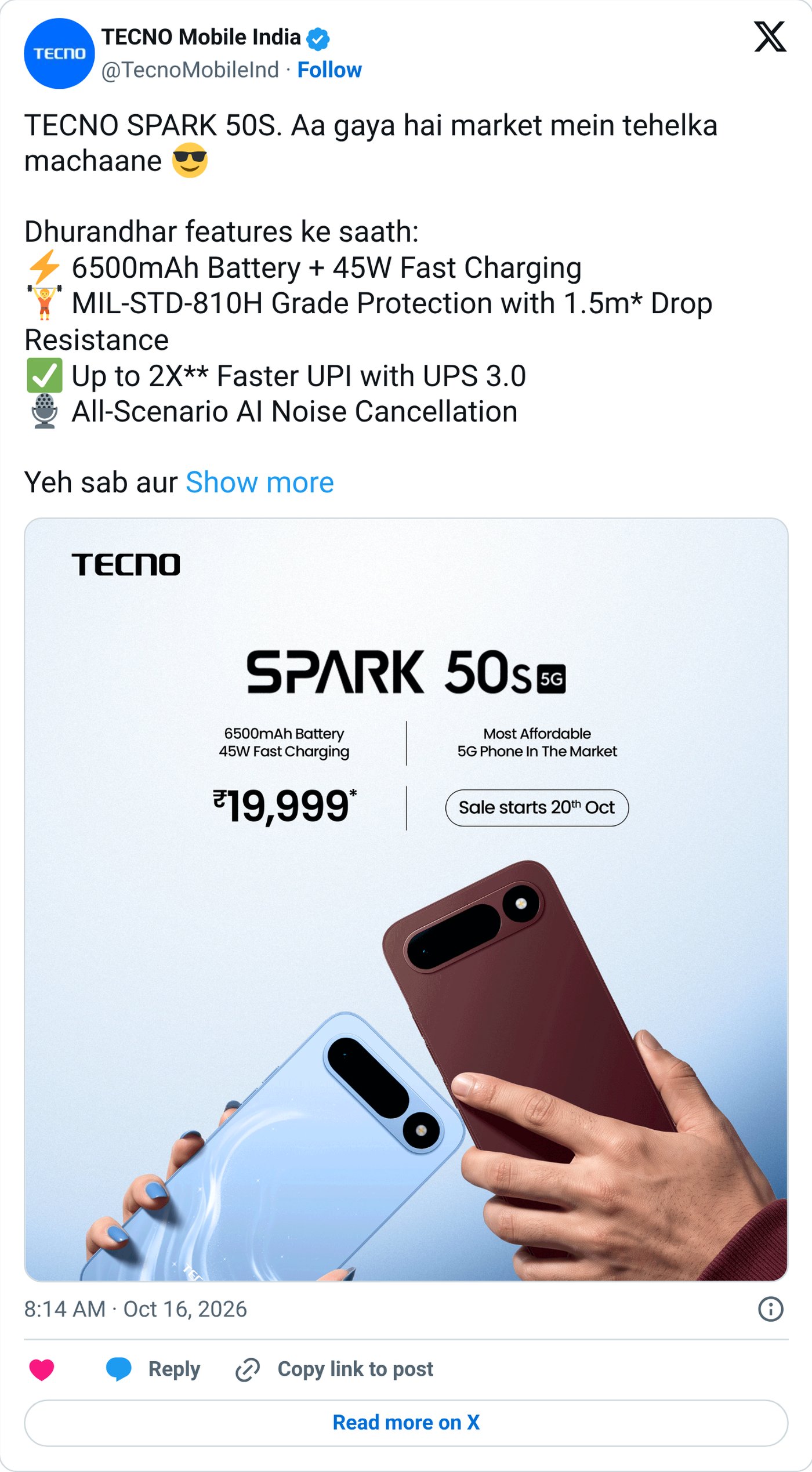 TecnoMobileInd on X with the Spark 50S launch price poster