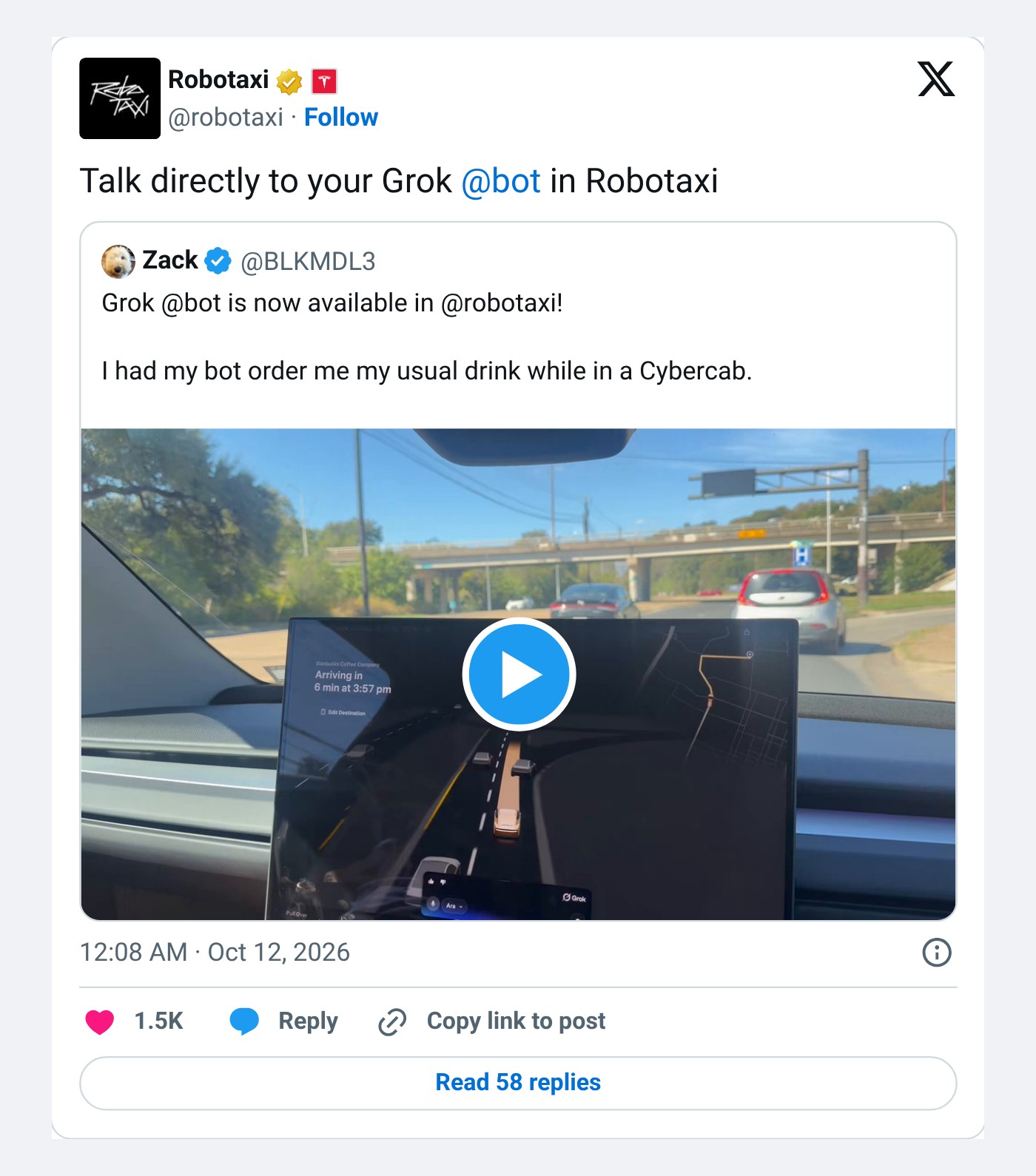 Screenshot: @robotaxi on X, Oct. 11, 2026