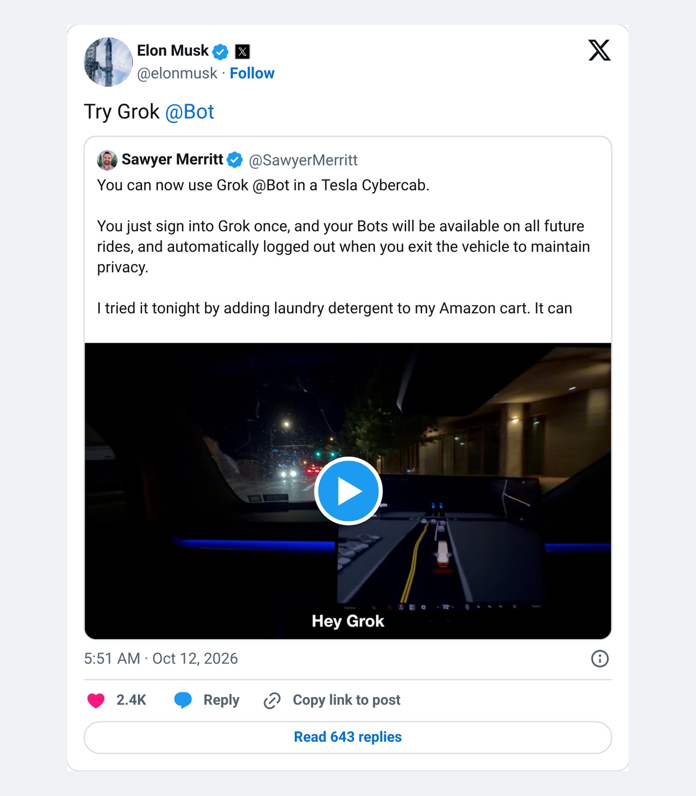 Screenshot: @elonmusk on X, Oct. 12, 2026