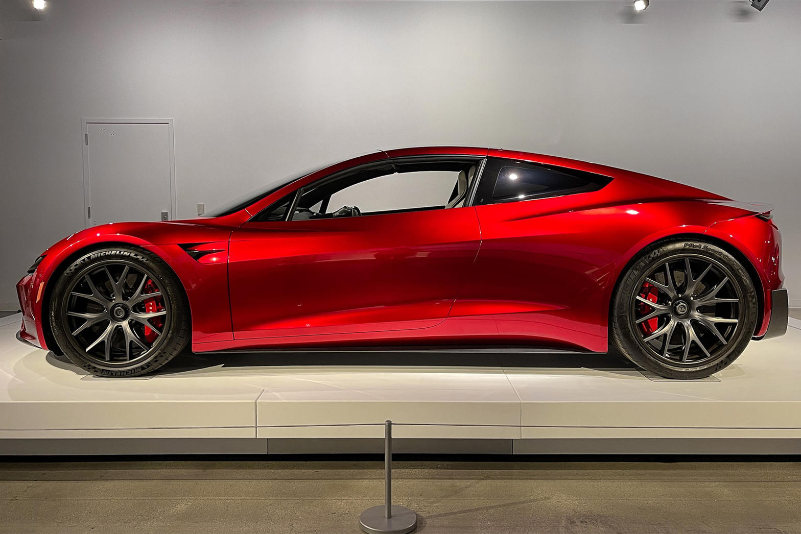 Red next-generation Tesla Roadster prototype on display