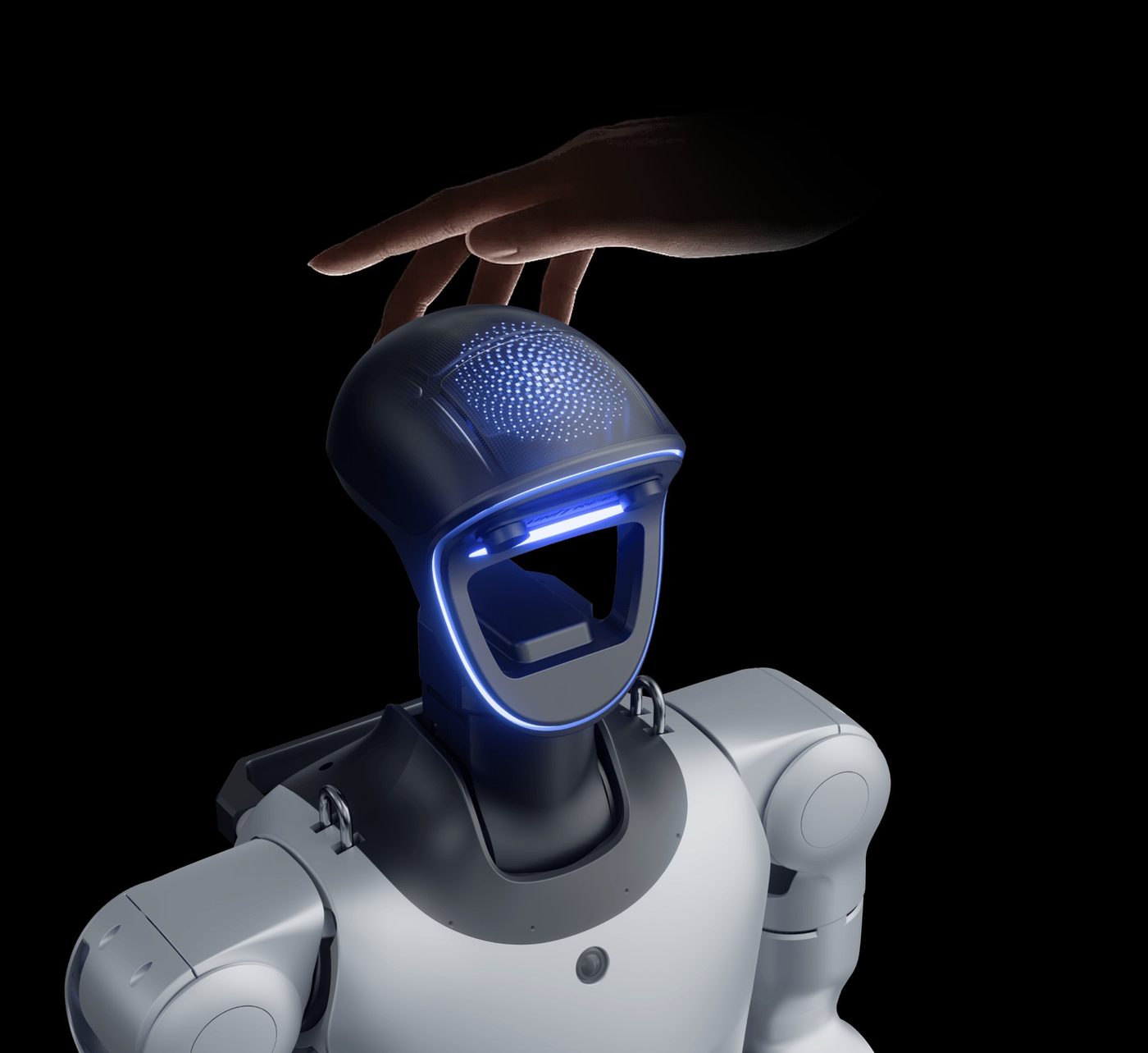 Close-up of the Unitree G1+ head and neck with touch sensor