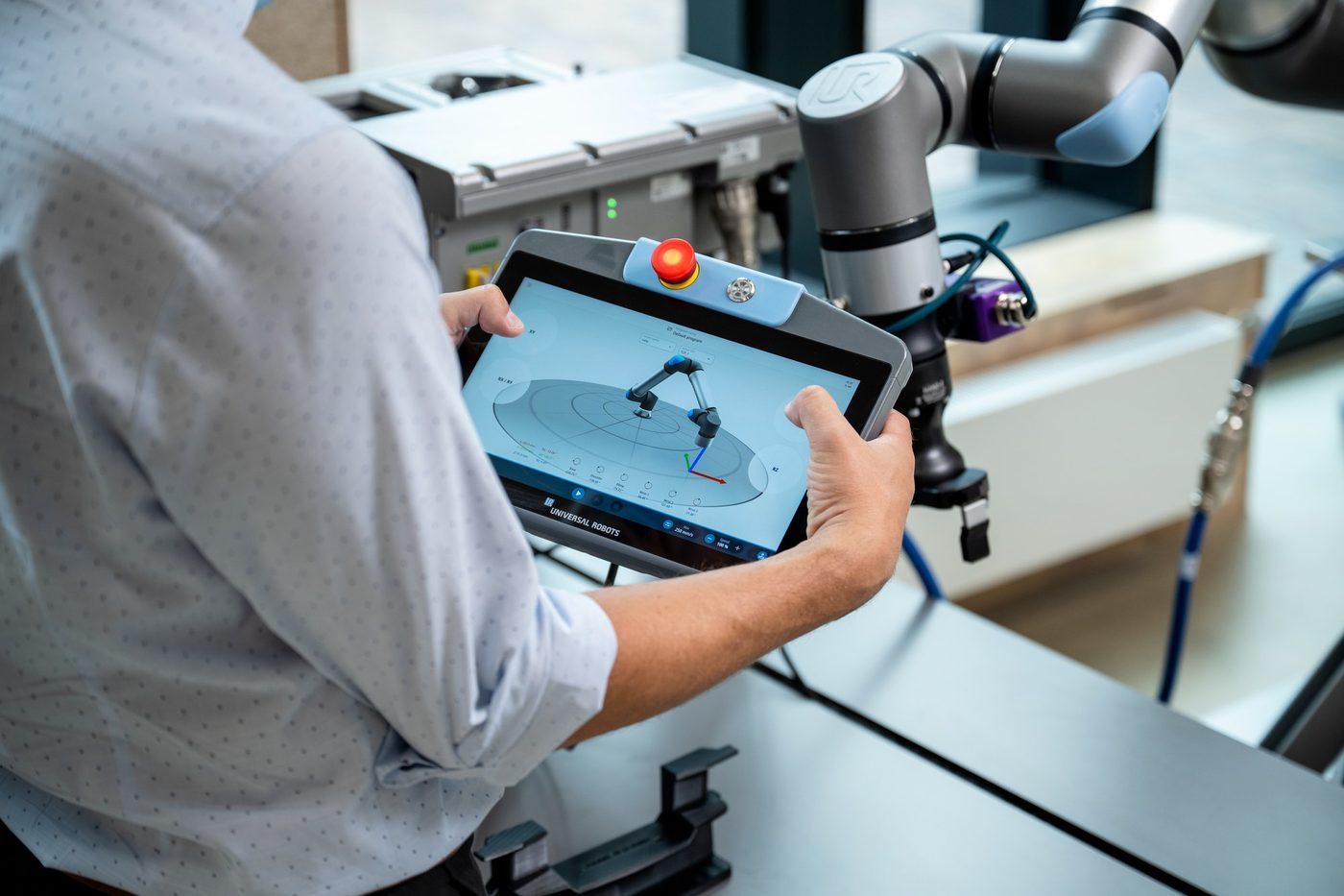 Universal Robots Gen 7 cobot at work on a factory bench