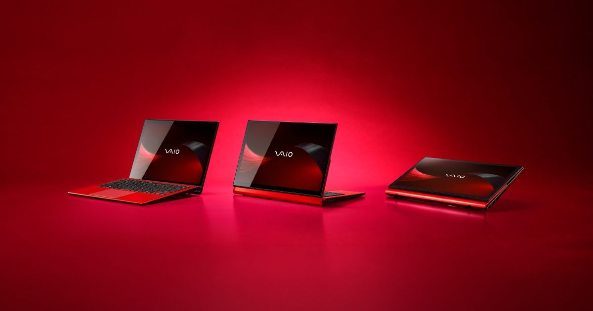 Three Fine Red VAIO T PCs on a red backdrop, shown in notebook, view, and tablet modes