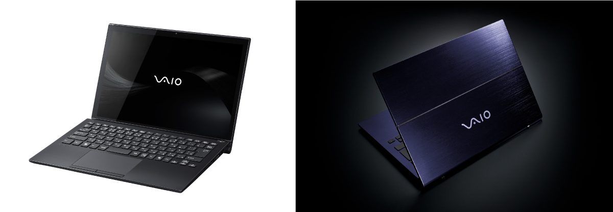 VAIO T in Fine Black notebook mode beside a closed Fine Black lid with the VAIO logo