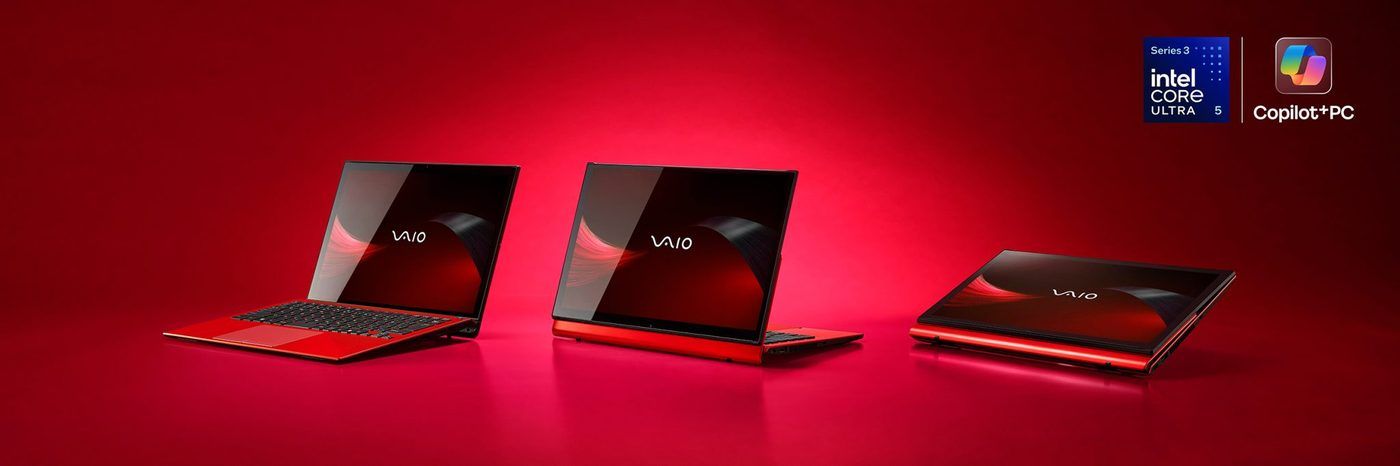 Three Fine Red VAIO T units in notebook, view, and tablet modes, with Intel Core Ultra Series 3 and Copilot+ PC badges