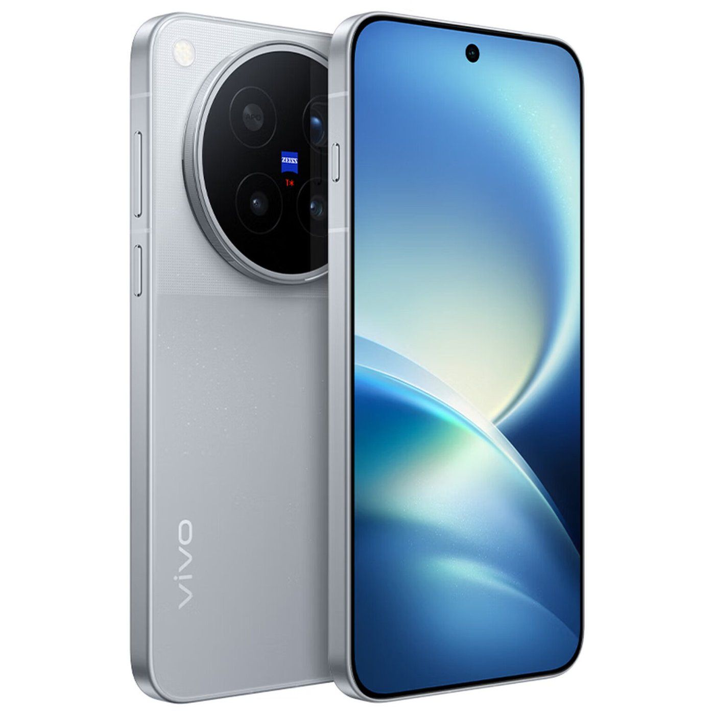 Silver vivo X500 Pro Max, rear camera island with ZEISS badge, beside a front view of the display