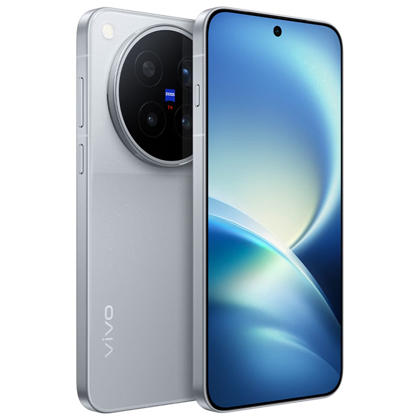 Silver vivo X500 Pro Max, rear and front, with a circular ZEISS camera island