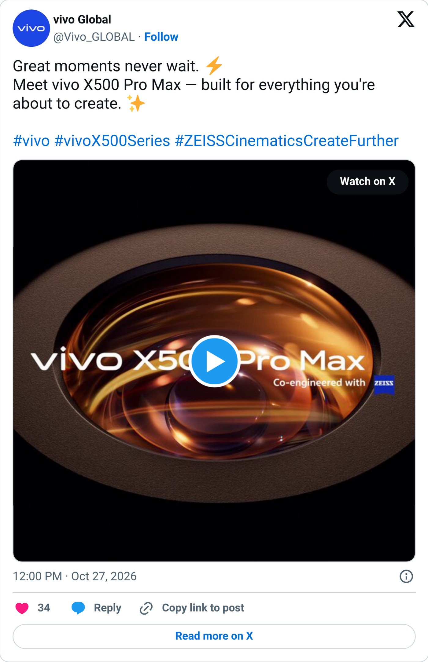 vivo’s global account introduced the X500 Pro Max on X on launch day.
