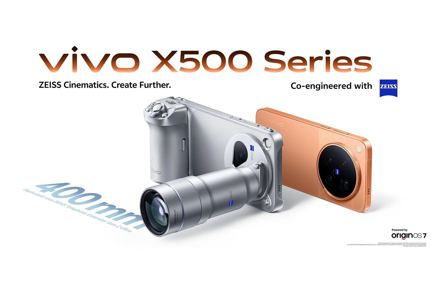 Vivo X500 Series key visual with Pro Max camera module, 400mm Zeiss telephoto extender, and orange X500 Pro