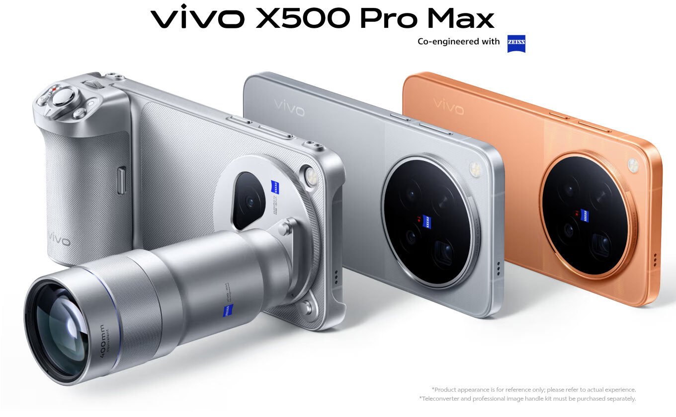 Vivo X500 Pro Max with 400mm Zeiss telephoto extender, camera handle, silver Pro Max, and orange Pro
