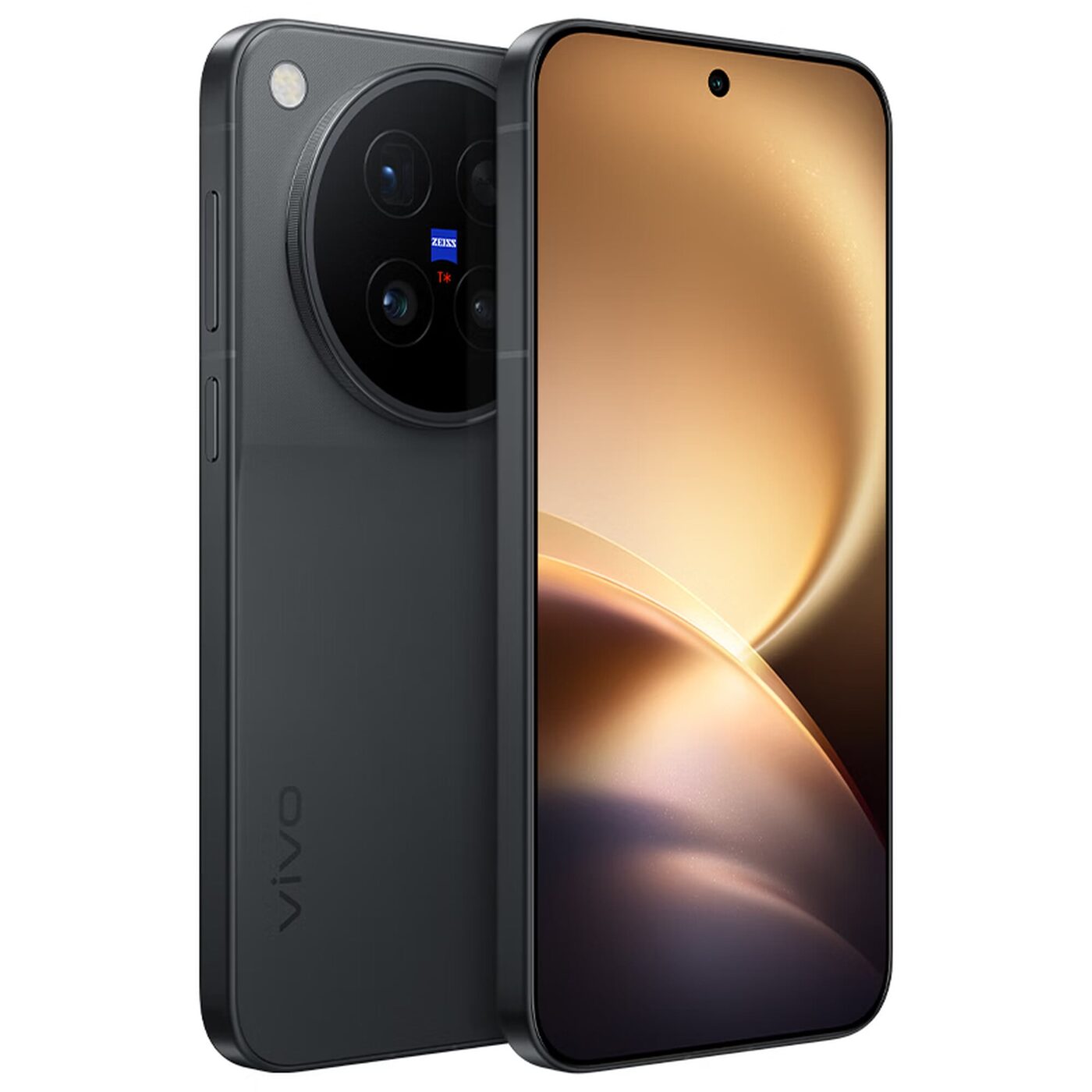 Black Vivo X500 Pro, rear camera island with ZEISS badge and T-star mark, beside the front display