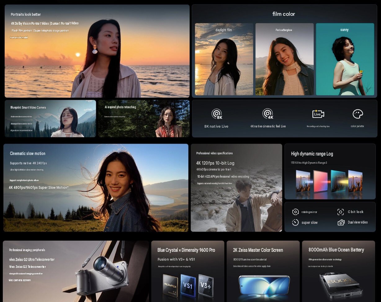 X500 series camera feature board: portraits, film color, 8K live, slow motion, Dimensity 9600 Pro, and 8000mAh battery