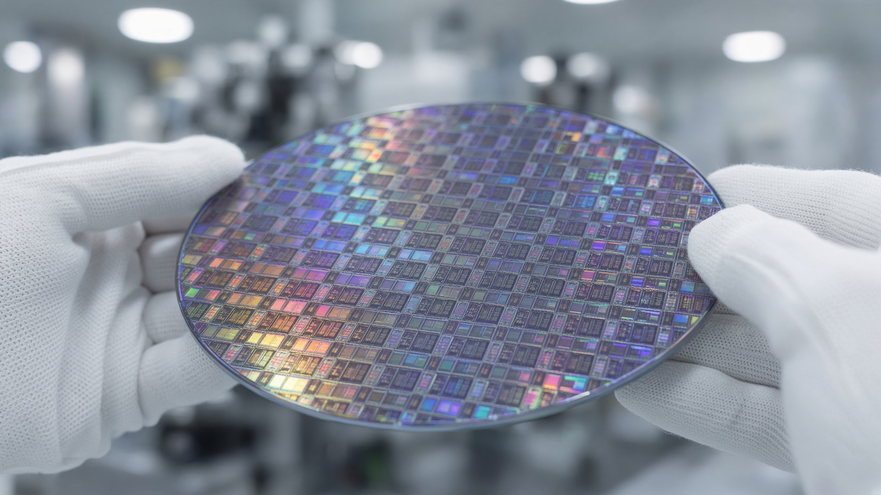 A silicon wafer held in a semiconductor cleanroom