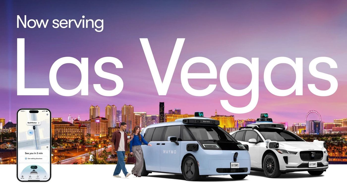 Waymo Ojai van and Jaguar I-PACE in a Las Vegas promo