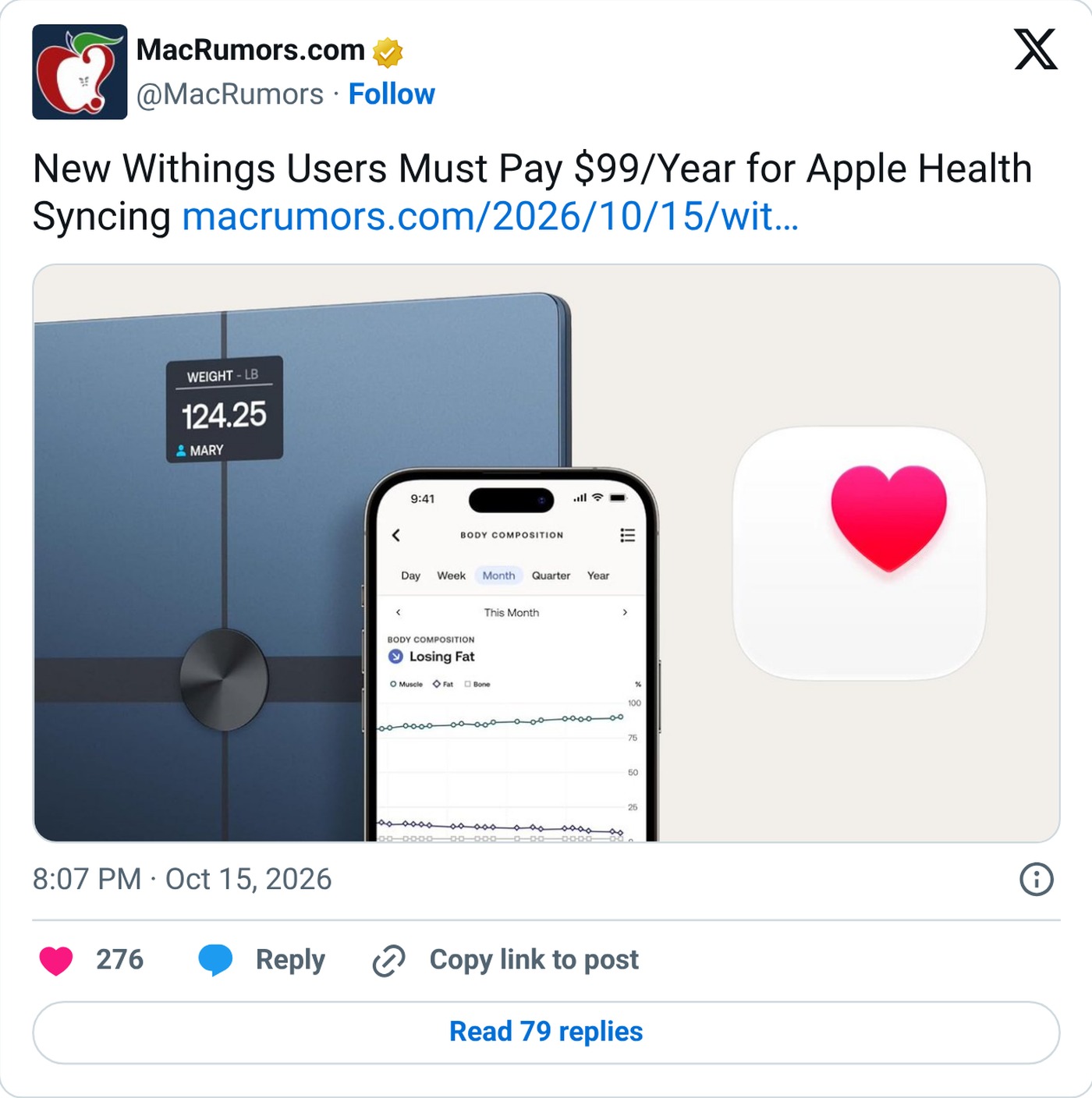 MacRumors on X reporting the Withings+ Apple Health sync paywall