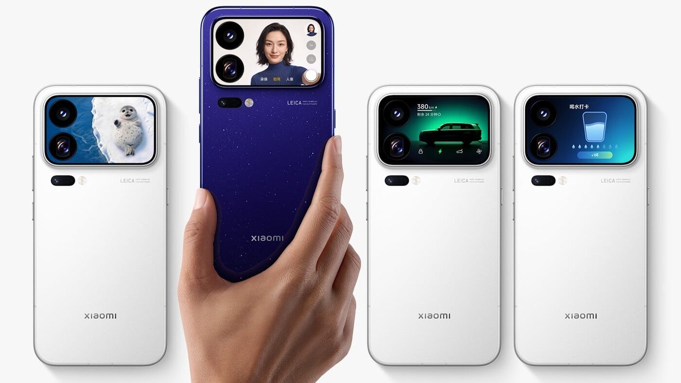 Xiaomi 18 Pro series phones in white and galaxy blue, one held to show a rear screen video call