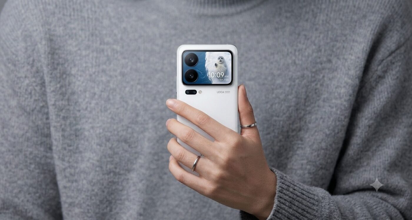 Hand holding a white Xiaomi phone with a seal photo on the rear screen