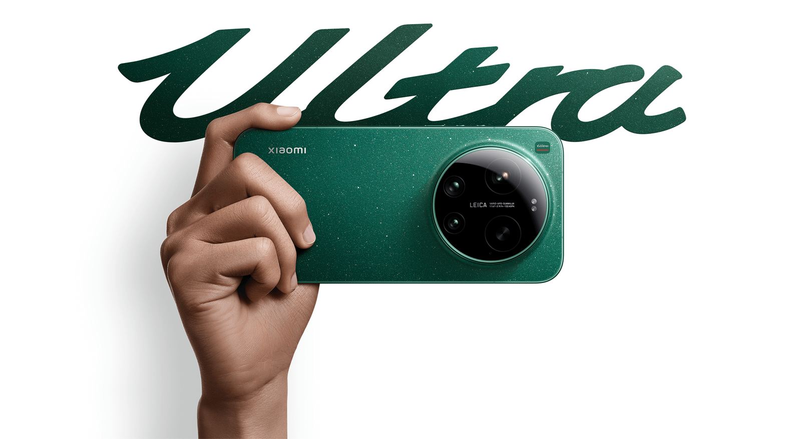 Green Xiaomi 17 Ultra held against an Ultra script backdrop