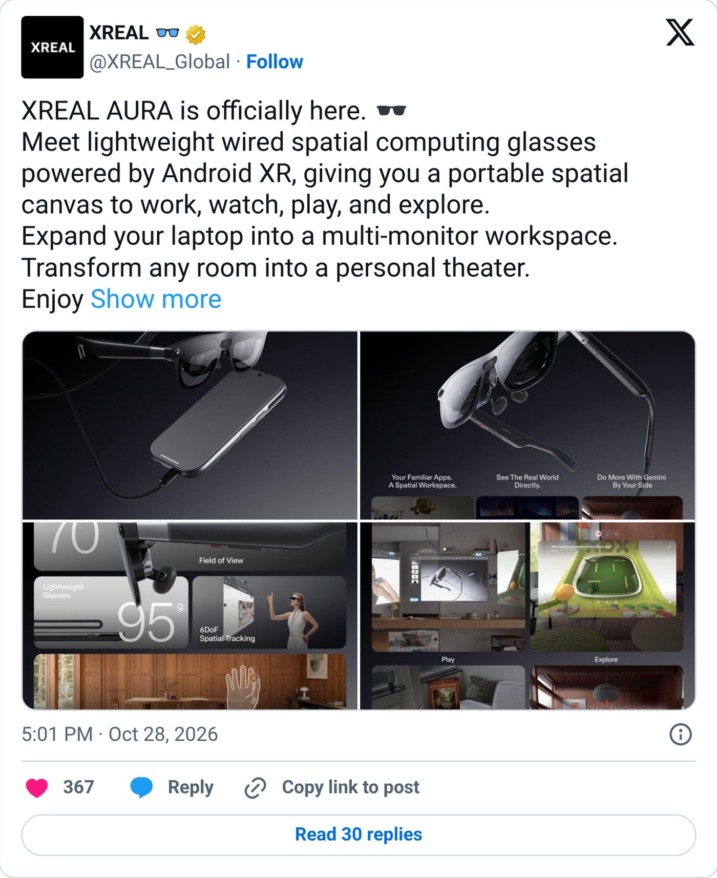 Screenshot: @XREAL_Global on X, Oct. 28, 2026